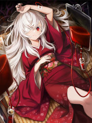 Rule 34 | 1girl, bandage over one eye, black nails, blood, blood bag, closed mouth, commentary, frown, haine (summertime render), highres, intravenous drip, japanese clothes, kimono, long hair, long sleeves, looking at viewer, lying, nail polish, on back, on floor, red eyes, red kimono, red theme, solo, summertime render, tuna picture, very long hair, white hair, wide sleeves