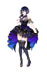 Rule 34 | 1girl, :o, absurdres, ankle garter, arm at side, black gloves, blue eyes, blue hair, breasts, dark blue hair, dress, frilled dress, frills, full body, gloves, hair ornament, halter dress, halterneck, hand up, highres, looking at viewer, mairo, mary janes, medium breasts, open mouth, propro production, see-through, shiduki sena, shoes, short hair, simple background, solo, standing, thighhighs, transparent background, virtual youtuber