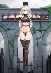 Rule 34 | 1girl, ahoge, bandaged arm, bandages, bare shoulders, bdsm, black footwear, black gloves, black hairband, black panties, black shirt, blue eyes, bondage, boots, bound, bound arms, bound legs, braid, breasts, cleavage, cleavage cutout, clothing cutout, commentary request, cosplay, crop top, crucifixion, fingerless gloves, full body, gloves, gluteal fold, groin, hairband, highres, honkai (series), honkai impact 3rd, jack the ripper (fate/apocrypha) (cosplay), kiana kaslana, large breasts, long hair, looking at viewer, midriff, navel, outdoors, outstretched arms, panties, restrained, rope, shirt, single glove, sleeveless, sleeveless shirt, solo, stomach, thigh boots, thighs, twin braids, underwear, very long hair, white hair, yasume yukito