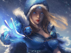 Rule 34 | 1girl, armor, artist name, blonde hair, blue cape, blue eyes, breasts, cape, cleavage, closed mouth, crystal maiden, dota (series), dota 2, forehead jewel, gauntlets, glowing, glowing eyes, ice, lips, lipstick, long hair, looking at viewer, makeup, painting (action), pauldrons, shoulder armor, snow, snowing, solo, winter, zed (trungbui42)