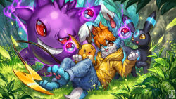 Rule 34 | 1boy, :o, alternate color, aura, barefoot, blue pants, brown eyes, commentary, commission, creature, creatures (company), day, denim, dew drop, energy, evil smile, floating, furry, game freak, gen 1 pokemon, gen 2 pokemon, gengar, ghost, grass, happy, hood, hoodie, jeans, looking at viewer, lying, nintendo, on back, orange eyes, orange hair, original, outdoors, pants, plant, poke ball, poke ball (basic), pokemon, pokemon (creature), raichu, red eyes, sa-dui, shiny pokemon, signature, smile, standing, sweater, tree, umbreon, water drop, yellow eyes, yellow sweater
