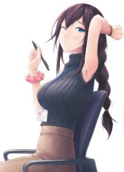 Rule 34 | 1girl, alternate costume, black sweater, braid, brown hair, brown skirt, chair, commentary request, commission, cowboy shot, green eyes, id card, junk life, kantai collection, noshiro (kancolle), office lady, one eye closed, pen, pencil skirt, pink scrunchie, ribbed sweater, scrunchie, simple background, sitting, skeb commission, skirt, sleeveless, sleeveless sweater, solo, sweater, swept bangs, twin braids, white background, wrist scrunchie