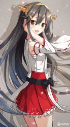 Rule 34 | 10s, 1girl, :d, bare shoulders, black hair, brown eyes, detached sleeves, female focus, hair ornament, hairband, hairclip, hand on own cheek, hand on own face, haruna (kancolle), japanese clothes, kantai collection, long hair, nontraditional miko, open mouth, petals, rin yuu, skirt, smile, solo, twitter username, very long hair