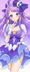 Rule 34 | 1girl, alternate breast size, blue eyes, bow, breasts, choker, collarbone, commentary, crescent, crescent earrings, cure selene, dress, earrings, hair ornament, heart pouch, highres, jewelry, kaguya madoka, long hair, looking at viewer, magical girl, medium breasts, mikorin, precure, puffy sleeves, purple bow, purple choker, purple dress, purple hair, purple theme, see-through, see-through skirt, short sleeves, skirt, smile, star (symbol), star choker, star color pendant, star hair ornament, star twinkle precure, upper body, wrist cuffs