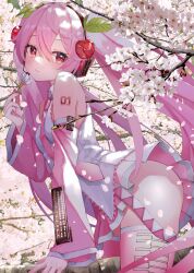 Rule 34 | 1girl, alternate color, bare shoulders, blush, cherry hair ornament, closed mouth, collared shirt, commentary request, cowboy shot, day, detached sleeves, expressionless, falling petals, flower, food-themed hair ornament, hair between eyes, hair ornament, hatsune miku, highres, holding, holding flower, long hair, looking at viewer, necktie, number tattoo, official alternate costume, outdoors, petals, pink hair, pink necktie, pink skirt, pink sleeves, pink thighhighs, pleated skirt, sakura miku, shirt, shoulder tattoo, skirt, sleeveless, sleeveless shirt, solo, takepon1123, tattoo, thighhighs, tree, twintails, very long hair, vocaloid, white shirt