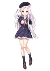 Rule 34 | 1girl, beret, black legwear, capelet, commentary request, dress, flower, frills, full body, hair flower, hair ornament, hat, highres, hirugami yozora, jiji (aardvark), light purple hair, loafers, long hair, long sleeves, looking at viewer, official art, onsen musume, open mouth, purple eyes, shoes, short dress, simple background, smile, solo, standing, star (symbol), star print, white background