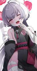Rule 34 | 1girl, ahoge, bandaged arm, bandages, bare shoulders, black nails, black sleeves, blue archive, blush, cowboy shot, detached sleeves, fingernails, grey hair, halo, highres, japanese clothes, long hair, looking at viewer, nail polish, obi, one eye closed, open mouth, pointy ears, red eyes, red halo, rindou ringdong, sash, shuro (blue archive), simple background, solo, white background, wide sleeves