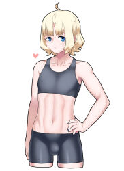 Rule 34 | 1boy, ahoge, bare arms, bare shoulders, bike shorts, black nails, black shorts, blonde hair, blue eyes, bulge, commentary request, crop top, cropped legs, hand on own hip, heart, highres, ikusuke, looking at viewer, male focus, midriff, nail polish, navel, original, short hair, short shorts, shorts, simple background, sports bra, standing, stomach, trap, white background