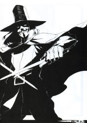 Rule 34 | 1boy, black hair, cloak, dual wielding, greyscale, guy fawkes mask, hat, highres, holding, long hair, male focus, mask, miwa shirow, monochrome, solo, sword, v (v for vendetta), v for vendetta, weapon