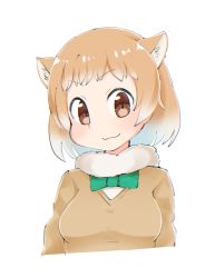 Rule 34 | 10s, 1girl, animal ears, black-tailed prairie dog (kemono friends), bow, bowtie, commentary request, fur collar, highres, kemono friends, light brown hair, long sleeves, menturm1120, multicolored hair, short hair, smile, solo, sweater, upper body, white hair