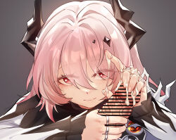 1boy 1girl absurdres arknights blush closed_mouth cum ejaculation eyes_visible_through_hair frilled_sleeves frills grey_background hair_over_one_eye hetero highres horns jewelry long_hair long_sleeves looking_at_viewer multiple_rings penis pink_hair ray_(pixiv9514208) red_eyes ring simple_background smile solo_focus theresa_(arknights) upper_body veins veiny_penis