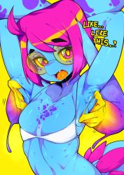 Rule 34 | 1girl, absurdres, armpits, bikini, blue skin, breasts, colored sclera, colored skin, commentary, cteno (slugbox), english commentary, english text, fang, flat chest, glasses, head arms, highres, looking at viewer, monster girl, original, pink eyes, pink hair, presenting armpit, round eyewear, short hair, simple background, slugbox, solo, spread armpit, swimsuit, tail, upper body, white bikini, yellow background, yellow sclera