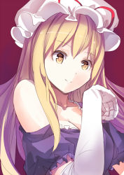Rule 34 | 1girl, blonde hair, breasts, cleavage, culter, dress, elbow gloves, gloves, hat, hat ribbon, large breasts, long hair, looking at viewer, mob cap, off shoulder, puffy sleeves, purple dress, ribbon, short sleeves, smile, solo, touhou, upper body, white gloves, yakumo yukari, yellow eyes