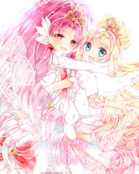 Rule 34 | 2girls, akagi towa, ayumaru (art of life), blonde hair, blue eyes, bow, character name, cure flora, cure flora (dress up premium), cure scarlet, cure scarlet (dress up premium), earrings, go! princess precure, haruno haruka, hug, jewelry, long hair, magical girl, multicolored hair, multiple girls, pink hair, pointy ears, precure, red bow, red eyes, ringlets, smile, streaked hair, two-tone hair, white bow
