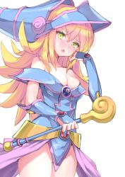 Rule 34 | 1girl, :o, bare shoulders, blonde hair, blue hat, blush, breasts, cleavage, collarbone, cowboy shot, dark magician girl, duel monster, fang, green eyes, hair between eyes, hand up, hat, holding, holding staff, long hair, looking at viewer, open mouth, rin2008, simple background, solo, staff, standing, white background, wizard hat, yu-gi-oh!, yu-gi-oh! duel monsters