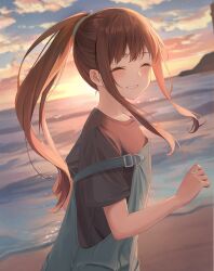 Rule 34 | 1girl, absurdres, beach, black shirt, blue sky, blurry, blurry background, blush, brown hair, closed eyes, cloud, cloudy sky, collarbone, evening, fujizarashi, gradient sky, hair ornament, hand up, highres, inoue takina, lips, long hair, lycoris recoil, ocean, outdoors, ponytail, rock, sand, shirt, short sleeves, sidelocks, sky, smile, solo, standing, sunset, t-shirt, teeth, water, yellow sky