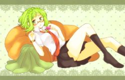 Rule 34 | 1girl, bad id, bad pixiv id, bespectacled, food, glasses, green eyes, green hair, gumi, looking at viewer, lying, macaron, matching hair/eyes, necktie, noki (potekoro), on back, open mouth, school uniform, short hair, skirt, socks, solo, vocaloid