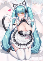 Rule 34 | 1girl, animal ears, apron, black dress, blue hair, blush, breasts, cat ears, cat tail, dress, elbow gloves, fake animal ears, fake tail, gaosu gong lu, gloves, goddess of victory: nikke, heart, kneeling, large breasts, legwear garter, light blue hair, long hair, looking at viewer, maid, maid headdress, neck bell, official alternate costume, parted lips, paw hair ornament, privaty (nikke), privaty (unkind maid) (nikke), skindentation, solo, tail, thighhighs, twintails, very long hair, white apron, white gloves, white thighhighs, yellow eyes, zoom layer