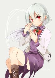 Rule 34 | 1girl, bow, dress, grey background, jacket, kishin sagume, long sleeves, open clothes, open mouth, ponpoko, purple dress, red eyes, shirt, short hair, silver hair, simple background, single wing, solo, touhou, wings