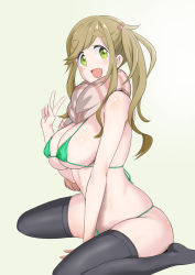 Rule 34 | 1girl, areola slip, bare shoulders, bikini, black thighhighs, breasts, covered erect nipples, fang, from side, green bikini, green eyes, hair bobbles, hair ornament, hand up, inuyama aoi, large breasts, long hair, looking at viewer, micro bikini, minpei ichigo, no shoes, open mouth, scarf, shiny skin, sidelocks, simple background, sitting, skin fang, skindentation, smile, solo, string bikini, swept bangs, swimsuit, thick eyebrows, thighhighs, thighs, tongue, underboob, v, wariza, yurucamp