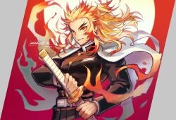 Rule 34 | 1boy, artist name, belt, belt buckle, black jacket, blonde hair, buckle, buttons, circle, colored tips, dated, demon slayer uniform, fighting stance, floating clothes, floating hair, forked eyebrows, gradient background, hakama, haori, highres, holding, holding sheath, jacket, japanese clothes, katana, kimetsu no yaiba, long hair, long sleeves, looking at viewer, looking to the side, male focus, mecyo (mamezurushiki), multicolored hair, parted lips, ponytail, ready to draw, red hair, rengoku kyoujurou, sheath, sheathed, sidelocks, sideways glance, smile, solo, sword, upper body, v-shaped eyebrows, weapon, white belt