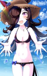 Rule 34 | 1girl, absurdres, animal ears, bikini, black hair, blush, breasts, cleavage, cloud, collarbone, commentary request, groin, hat, highres, horse ears, horse tail, jewelry, lens flare, long hair, looking at viewer, nagonago10, navel, necklace, open mouth, pov, rice shower (umamusume), sky, small breasts, solo, straw hat, swimsuit, tail, umamusume, water