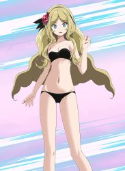 Rule 34 | 1girl, bare arms, bare legs, black bra, black panties, blonde hair, blue eyes, bra, breasts, caitlin (fall 2021) (pokemon), caitlin (pokemon), cleavage, collarbone, creatures (company), d:, floating hair, game freak, gluteal fold, grey hairband, groin, hairband, highres, long hair, looking at viewer, nail polish, navel, nintendo, open mouth, panties, parted bangs, pokemon, pokemon masters ex, red nails, small breasts, solo, standing, strapless, strapless bra, tsukishiro saika, underwear, underwear only, very long hair