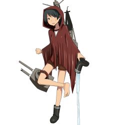 Rule 34 | 10s, 1girl, androgynous, birii, boots, unworn boots, brown eyes, brown hair, cannon, coat, feet, full body, hood, hood up, kantai collection, leg up, mogami (kancolle), pouring, raincoat, red coat, rigging, rubber boots, school uniform, serafuku, short hair, shorts, simple background, sketch, solo, wet, white background