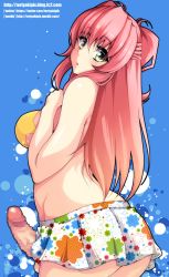 Rule 34 | 1futa, blue background, blush, breasts, censored, character request, erection, futanari, green eyes, highres, hiromin, long hair, looking at viewer, mosaic censoring, penis, pink hair, simple background, skirt, solo, tagme