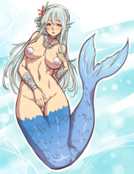 Rule 34 | 1girl, blue hair, breasts, covering privates, covering crotch, flower, flower on head, houtengeki, jewelry, long hair, lots of jewelry, medium breasts, mermaid, monster girl, original, seashell bikini, silver hair, solo, tail, thick thighs, thigh gap, thighs, yellow eyes