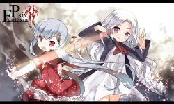 Rule 34 | 2girls, ascot, copyright name, fang, hair ornament, hairclip, letterboxed, long hair, multiple girls, open mouth, original, pixiv fantasia, pixiv fantasia fallen kings, pointy ears, purple eyes, red eyes, saru, silver hair, slit pupils