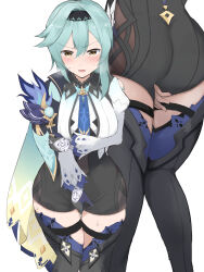 Rule 34 | 1girl, annoyed, arm under breasts, between legs, black gloves, black hairband, blue cape, blue gloves, blue hair, blue necktie, blush, boots, breasts, cape, eula (genshin impact), genshin impact, gloves, hair ornament, hairband, hand between legs, hand on own arm, heavy breathing, high-waist shorts, highres, large breasts, long sleeves, lower body, medium hair, multiple views, necktie, open mouth, puffy long sleeves, puffy sleeves, shorts, simple background, solo, sweatdrop, thigh boots, thighs, two-tone gloves, vision (genshin impact), wararu (user uecx7457), white background, white sleeves, yellow eyes