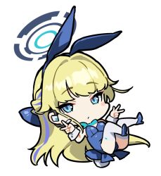 Rule 34 | 1girl, animal ears, blonde hair, blue archive, blue bow, blue bowtie, blue eyes, blue footwear, blue hair, blue halo, blue leotard, bow, bowtie, breasts, chibi, closed mouth, fake animal ears, full body, halo, high heels, highres, leotard, long hair, medium breasts, multicolored hair, nonco, official alternate costume, rabbit ears, simple background, solo, streaked hair, thighhighs, toki (blue archive), toki (bunny) (blue archive), white background, white thighhighs, wrist cuffs