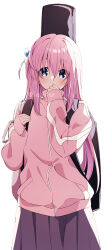Rule 34 | 1girl, absurdres, blue eyes, blush, bocchi the rock!, commentary, cube hair ornament, gigbag, gotoh hitori, hair between eyes, hair ornament, highres, jacket, long hair, long sleeves, looking at viewer, one side up, pink hair, pink jacket, pink track suit, purple skirt, shigure (sigre), simple background, skirt, solo, track jacket, twitter username, white background