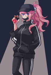 Rule 34 | 1girl, alternate costume, black headwear, black jacket, black pants, bow, breasts, candy, cowboy shot, danganronpa: trigger happy havoc, danganronpa (series), earrings, enoshima junko, food, glasses, grey bow, hair bow, highres, holding, holding phone, hy (fjvlg), jacket, jewelry, large breasts, lollipop, mask, mask pull, mouth mask, pants, phone, pink hair, ponytail, solo