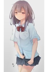 Rule 34 | 1girl, between legs, blue shirt, blue skirt, blush, bow, bowtie, breast pocket, breasts, bright pupils, brown hair, buttons, closed mouth, collared shirt, cowboy shot, embarrassed, female focus, grey background, half-closed eyes, hand between legs, have to pee, highres, japanese text, long hair, looking at viewer, miniskirt, motion lines, nose blush, original, pillarboxed, pleated skirt, pocket, purple eyes, red bow, red bowtie, school uniform, shirt, short sleeves, sidelocks, simple background, skirt, skirt tug, small breasts, solo, standing, sweat, translated, watakarashi, white pupils