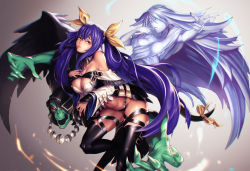 Rule 34 | 1girl, arc system works, asymmetrical wings, bare shoulders, black panties, black thighhighs, blue hair, breasts, detached collar, detached sleeves, dizzy (guilty gear), extra arms, guilty gear, hair ribbon, hair rings, large breasts, leaning forward, long hair, looking at viewer, navel, necro (guilty gear), panties, platinum disco, red eyes, ribbon, shiny skin, solo, stomach, sweat, tail, tail ornament, tail ribbon, thick thighs, thigh strap, thighhighs, thighs, underwear, undine (guilty gear), very long hair, wings