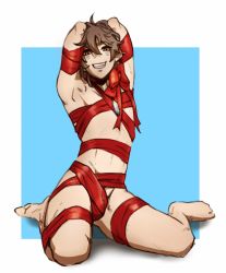 Rule 34 | armpits, arms up, bdsm, bondage, bound, bound arms, bound legs, bow, brown eyes, brown hair, eiden (nu carnival), highres, jewelry, naked ribbon, necklace, nu carnival, on floor, ribbon, ribbon bondage, short hair, simple background, smile, teeth