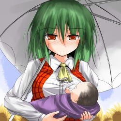 Rule 34 | 1girl, age difference, ascot, baby, blue sky, blush, grabbing another&#039;s breast, breast hold, breasts, child, day, embarrassed, female focus, flower, grabbing, green hair, kazami yuuka, large breasts, nose blush, parasol, plaid, plaid vest, red eyes, short hair, sky, solo focus, sunflower, sweatdrop, touhou, tsuzuri (tuzuri), umbrella, upper body, vest