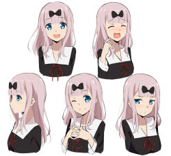 Rule 34 | 1girl, :d, ;), ^ ^, absurdres, black bow, black dress, blue eyes, blunt bangs, blush, bow, closed eyes, collarbone, collared dress, commentary request, cropped torso, dress, expressions, fujiwara chika, hair bow, head tilt, highres, kaguya-sama wa kokurasetai ~tensai-tachi no renai zunousen~, kohakope, looking at viewer, looking away, multiple views, neck ribbon, nose blush, one eye closed, open mouth, parted lips, pink hair, pouty lips, red ribbon, ribbon, school uniform, shuuchiin academy school uniform, simple background, smile, steepled fingers, upper body, white background