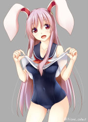Rule 34 | 1girl, animal ears, bad id, bad pixiv id, blush, breasts, cleavage, collarbone, covered navel, crop top, grey background, hisae (hisae collect), light purple hair, long hair, navel, old school swimsuit, one-piece swimsuit, open mouth, purple hair, rabbit ears, red eyes, reisen udongein inaba, sailor bikini, sailor collar, school swimsuit, school uniform, simple background, solo, swimsuit, swimsuit under clothes, touhou, twitter username, very long hair