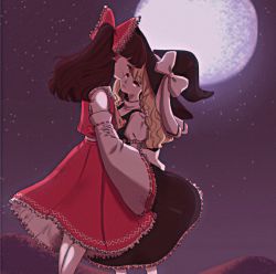 Rule 34 | 2girls, bare shoulders, blonde hair, bow, braid, brown hair, detached sleeves, eye contact, forehead-to-forehead, frilled shirt collar, frilled skirt, frilled sleeves, frills, full moon, hair bow, hair ribbon, hakurei reimu, hat, hat bow, hat ribbon, heads together, height difference, highres, holding another&#039;s arm, hug, imminent kiss, kirisame marisa, linmiee, long hair, looking at another, moon, multiple girls, night, night sky, puffy short sleeves, puffy sleeves, ribbon, short sleeves, side braid, single braid, skirt, skirt set, sky, touhou, turtleneck, vest, wavy hair, witch hat, yuri