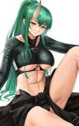 Rule 34 | 1girl, abs, absurdres, arknights, black shirt, breasts, crop top, facial scar, green hair, head tilt, highres, horns, hoshiguma (arknights), knee up, large breasts, long hair, long sleeves, looking at viewer, midriff, navel, official alternate costume, parted lips, putcho, scar, scar on cheek, scar on face, shirt, simple background, single horn, sitting, solo, stomach, thighs, underboob, very long hair, white background, yellow eyes