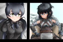 Rule 34 | 2girls, animal ears, aqua eyes, arm rest, arms at sides, bandaid, bandaid on face, bandaid on nose, black border, black gloves, black hair, black leopard (kemono friends), black panther (film), black shirt, border, bow, bowtie, bracer, closed mouth, cosplay, day, elbow gloves, expressionless, gloves, gorilla (kemono friends), gorilla (kemono friends) (old design), green eyes, hair between eyes, jewelry, ka (3s4k4), kemono friends, leopard ears, long hair, marvel, marvel cinematic universe, medium hair, multiple girls, necklace, outdoors, parody, parted bangs, parted lips, scene reference, shirt, sitting, twintails, v-shaped eyebrows, very long hair