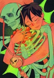 Rule 34 | 1boy, black hair, closed eyes, closed mouth, commentary, death, english commentary, hat, highres, hug, hug from behind, jewelry, male focus, monkey d. luffy, one piece, portgas d. ace, riicolato, sad, scar, scar on face, short hair, skeleton, sketch, spoilers, tearing up
