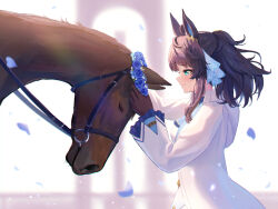 Rule 34 | 1girl, animal ears, black hair, blurry, blurry background, breasts, commentary request, creature and personification, crying, crying with eyes open, daring tact (racehorse), daring tact (umamusume), flower, gloves, hair ornament, highres, horse, horse ears, horse girl, jacket, kashmir 0808, medium breasts, medium hair, petals, smile, tears, umamusume, white background