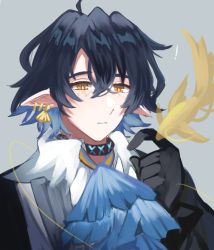 Rule 34 | 1boy, arknights, ascot, black choker, black gloves, black hair, black jacket, blue ascot, blue sealad, choker, commentary, gloves, hair between eyes, hand up, infection monitor (arknights), jacket, lumen (arknights), male focus, parted lips, pointy ears, short hair, solo, upper body, yellow eyes