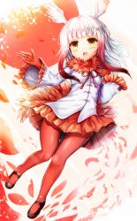 Rule 34 | 10s, 1girl, blunt bangs, blush, feathers, frills, gloves, head wings, japanese crested ibis (kemono friends), kemono friends, long sleeves, multicolored hair, music, open mouth, pantyhose, pleated skirt, red gloves, red hair, red pantyhose, sakura ani, shirt, sidelocks, singing, skirt, solo, tail, two-tone hair, white hair, white shirt, wings