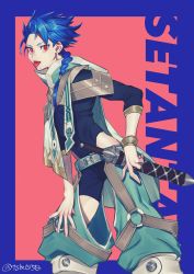 Rule 34 | 1boy, belt, blue hair, bodysuit, bodysuit under clothes, border, bracelet, braid, braided ponytail, cape, character name, child, cu chulainn (fate), dagger, earrings, fangs, fate/grand order, fate/grand order arcade, fate (series), highres, jewelry, knife, long hair, long sleeves, looking at viewer, male focus, open mouth, puffy pants, red eyes, scabbard, setanta (fate), sheath, slit pupils, solo, spiked hair, tai kusu, tongue, tongue out, twitter username, type-moon, weapon