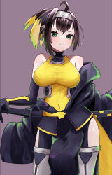 Rule 34 | 1girl, absurdres, ahoge, bare shoulders, blonde hair, breasts, brown hair, duel monster, elbow gloves, forehead protector, gloves, gradient hair, green eyes, haori, headphones, highres, jacket, japanese clothes, large breasts, multicolored hair, open clothes, open jacket, ponytail, s-force rappa chiyomaru, sleeveless, solo, sword, thighhighs, triangle del, weapon, weapon on back, yu-gi-oh!